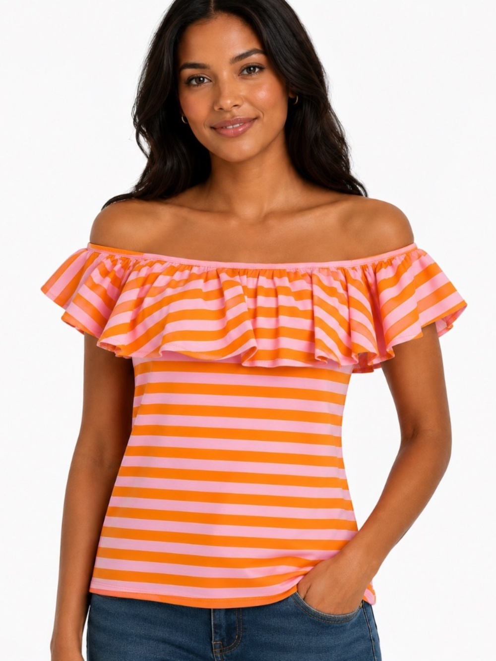 Cato Pink Orange Striped Ruffle Off Shoulder Square Neck Top L summer dopamine